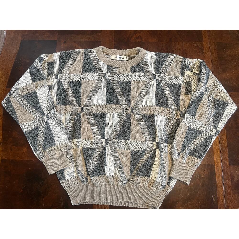 VTG 90s Jantzen Geometric Knit Sweater Men M USA Made Retro Patchwork Earth Tone